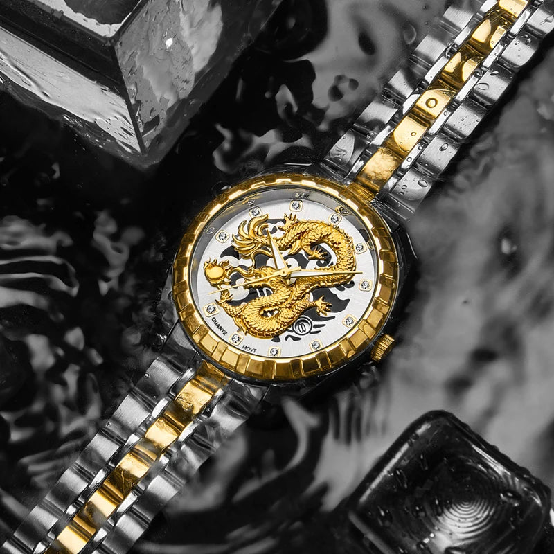 WLISTH 3D Golden Dragon Quartz Watch – Bold Dragon Dial, Stainless Steel Case, Water-Resistant & Luminous – Impossible to Miss