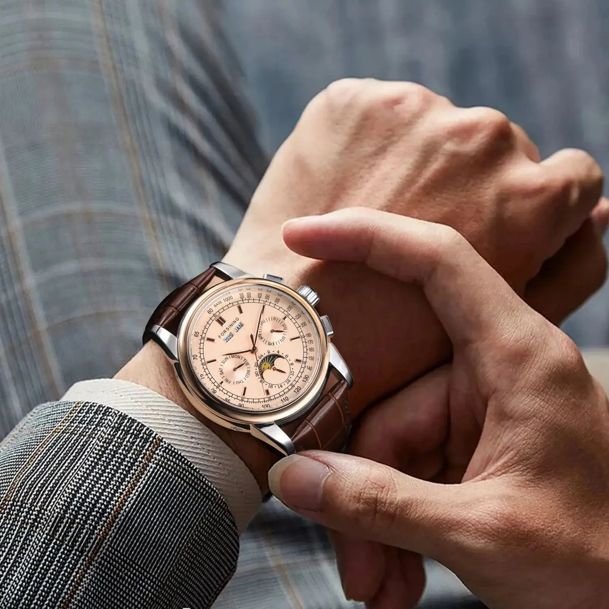 Forsining FS 177 — Retro Moon Phase Automatic Watch, Rose Gold Case, Brown Leather Strap, Self-Winding Movement