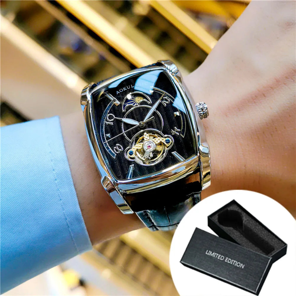 Mens Tonneau Automatic Fashion Watch – Rectangular Case, Open Heart Moonphase-Style Dial, Leather Strap – Break the Mould