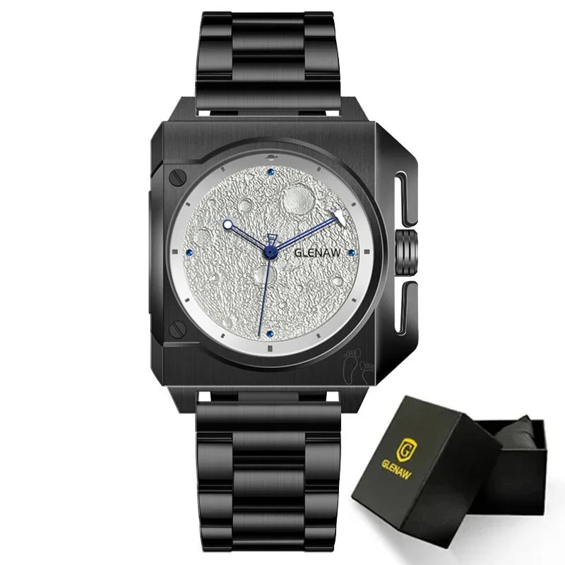 GLENAW GL8655 square automatic watch, black case with silver dial, steel bracelet, gift box