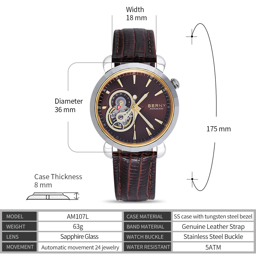 Beautiful BERNY AM107L — Women's Open Heart Automatic Watch, 24 Jewels, Genuine Leather Strap, Sapphire