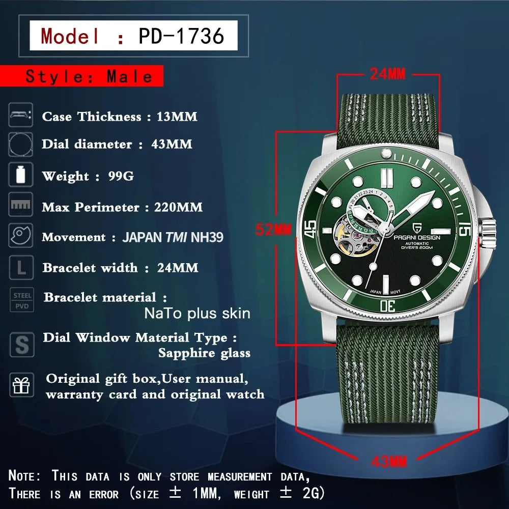 PAGANI DESIGN PD1736 Men's Automatic Open-Heart Dive Watch, TMI NH39, Sapphire, 200m Water Resistant