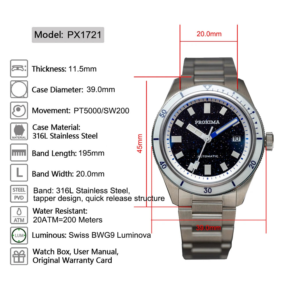 Proxima Mens Automatic Watch — Aventurine Dial, Full-Lume Sapphire Bezel — Quiet Luxury