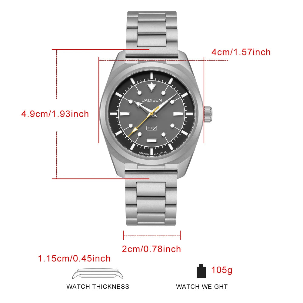 CADISEN TI-7 Autodyne — Genuine Titanium Automatic Watch, Titanium Bracelet Version, Sapphire Crystal, Miyota 8215