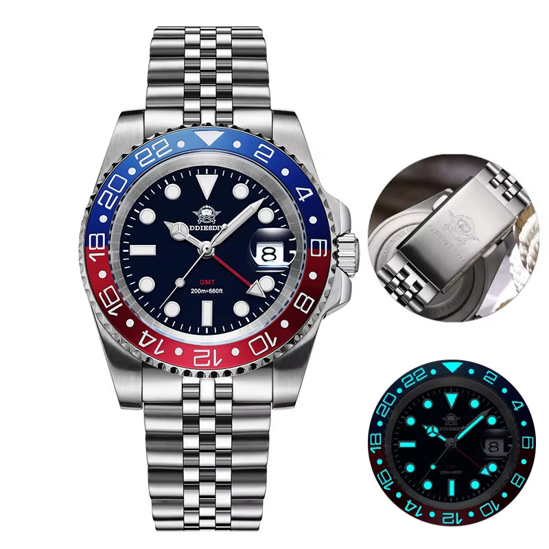 Watch Men GMT Quartz Watch 200M Waterproof Bidirectional Rotating Bezel Super Luminous Stainless Steel Wrist Watch