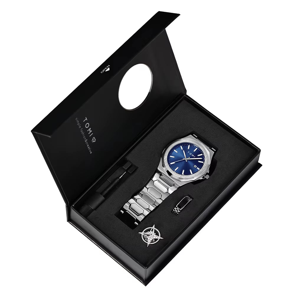 Luxury Business Men'S Watch Gift Box Set High Quality Rose Gold Case Simple and Versatile Quartz Watch Relogio Masculino