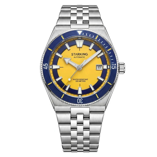 STARKING automatic dive watch, blue and yellow dial, unidirectional bezel, stainless steel bracelet