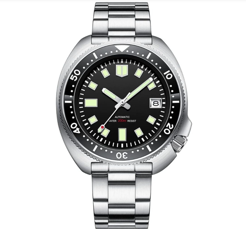 Steeldive SD1970 cushion case automatic diver with crown at 4 o'clock