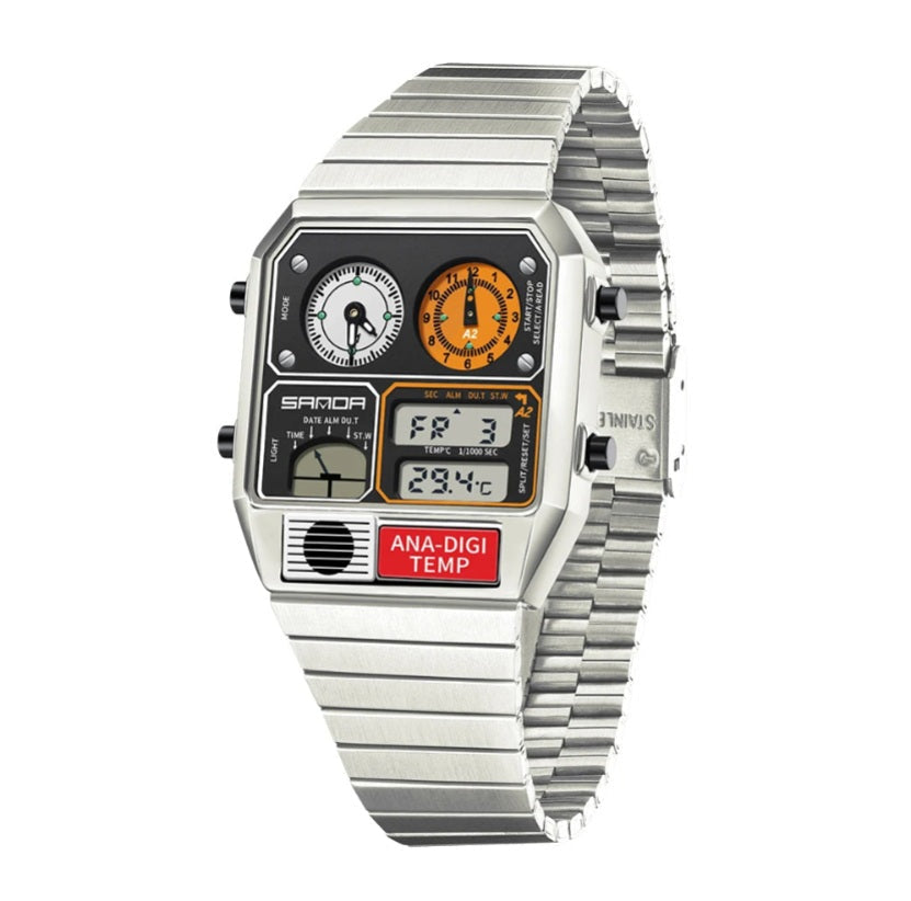 SANDA 3192 retro digital-analog watch, LED thermometer, stainless steel