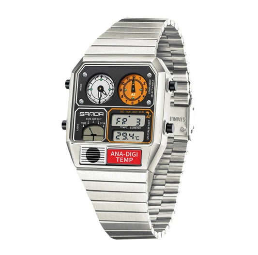 SANDA 3192 retro digital-analog watch, LED thermometer, stainless steel