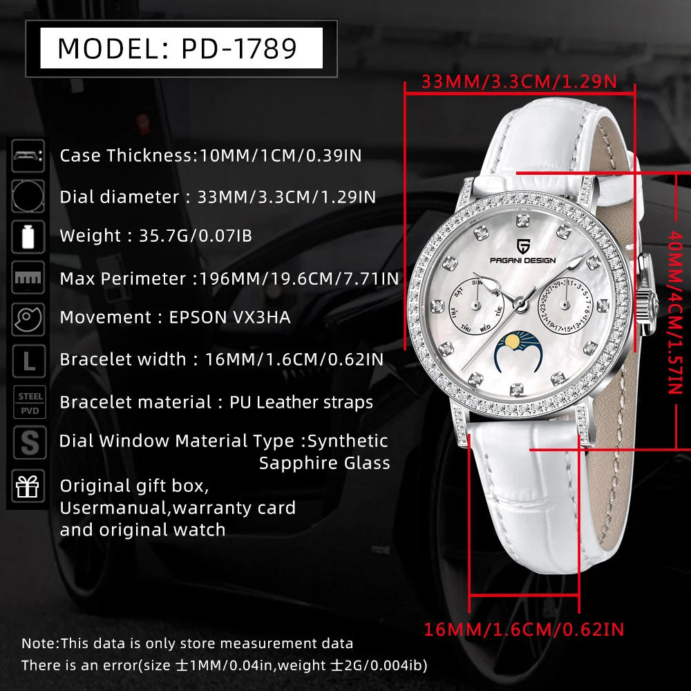 2024  New 33MM Fashion Multifunctional Women Quartz Watches 50M Waterproof Sapphire Glass Moonphase Watch for Women