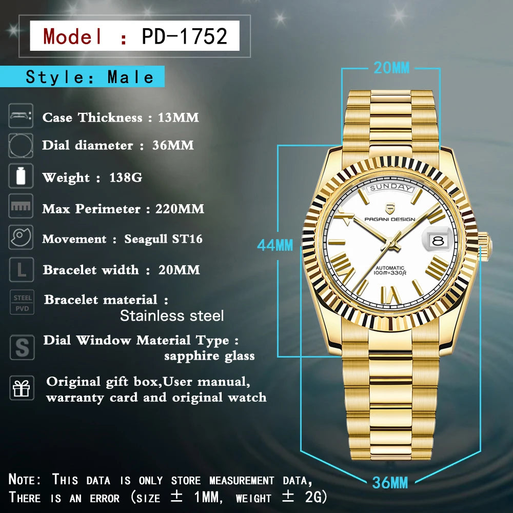 2026 New  DD36 Men'S Watches Gold Luxury Automatic Watch Men Mechanical Wristwatch Man Waterproof AR Sapphire Date
