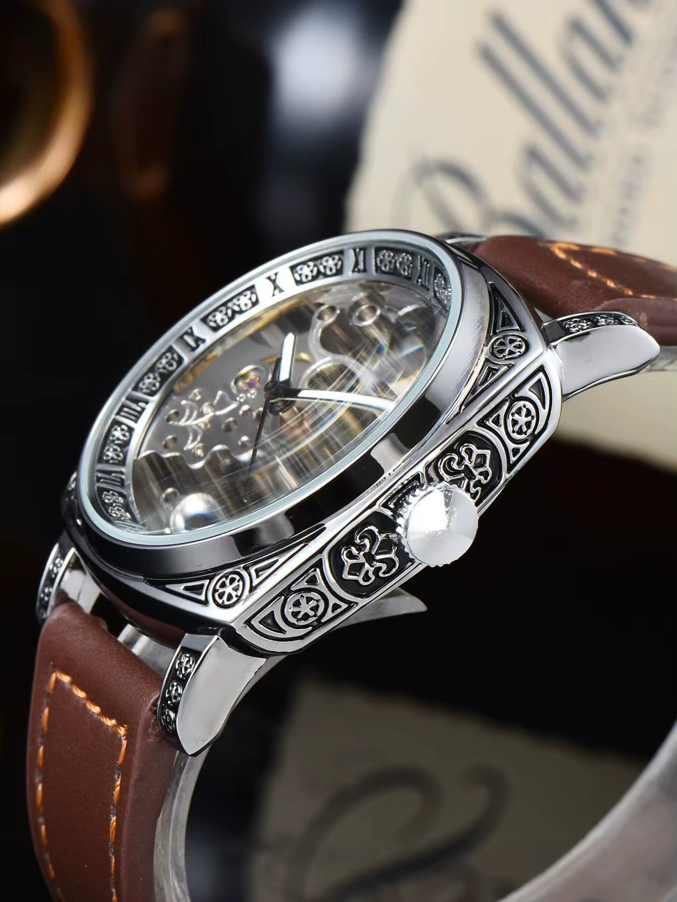 Men Automatic Watch Retro Style Mechanical Watches Skeleton Carve Waterproof Leather No Logo Mens Watch Boyfriend'S Gift