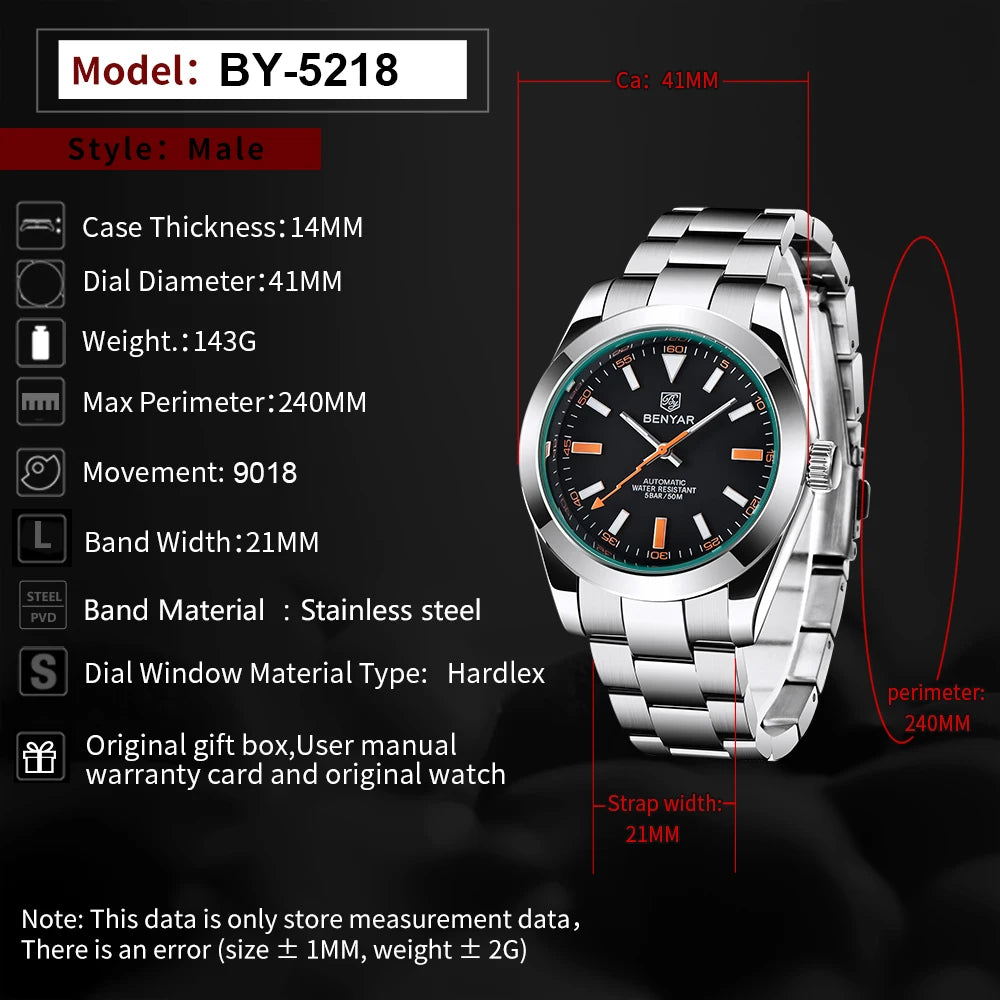 BENYAR 2026 New Mens Watches Top Brand Luxury Watch Men Automatic Mechanical Waterproof 50M Sport Wristwatch for Men BY5176 Gift