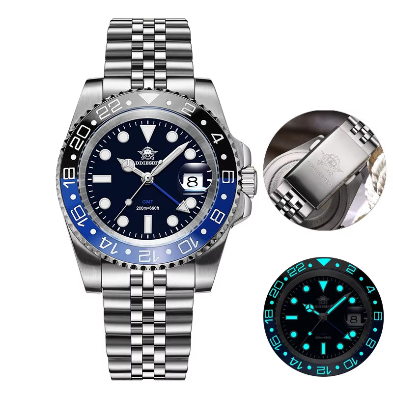 Watch Men GMT Quartz Watch 200M Waterproof Bidirectional Rotating Bezel Super Luminous Stainless Steel Wrist Watch