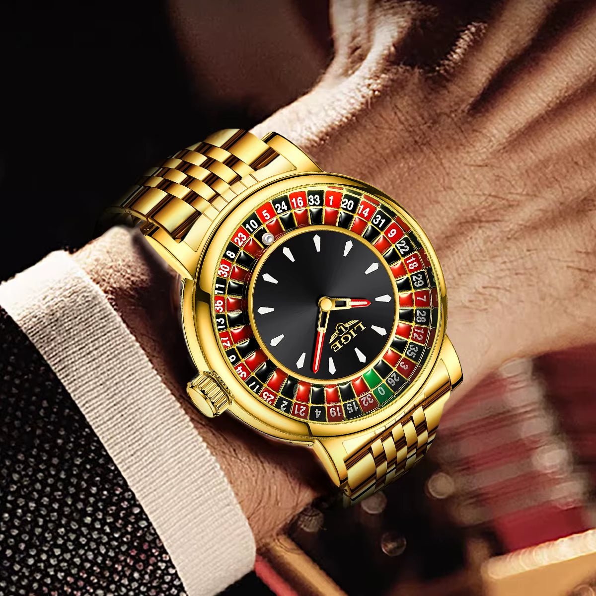 LIGE LG89161 Golden Roulette Watch Gambling Plate Rotating Dial Men'S Waterproof Shake Balls Casino Quartz Poker Wristwatch
