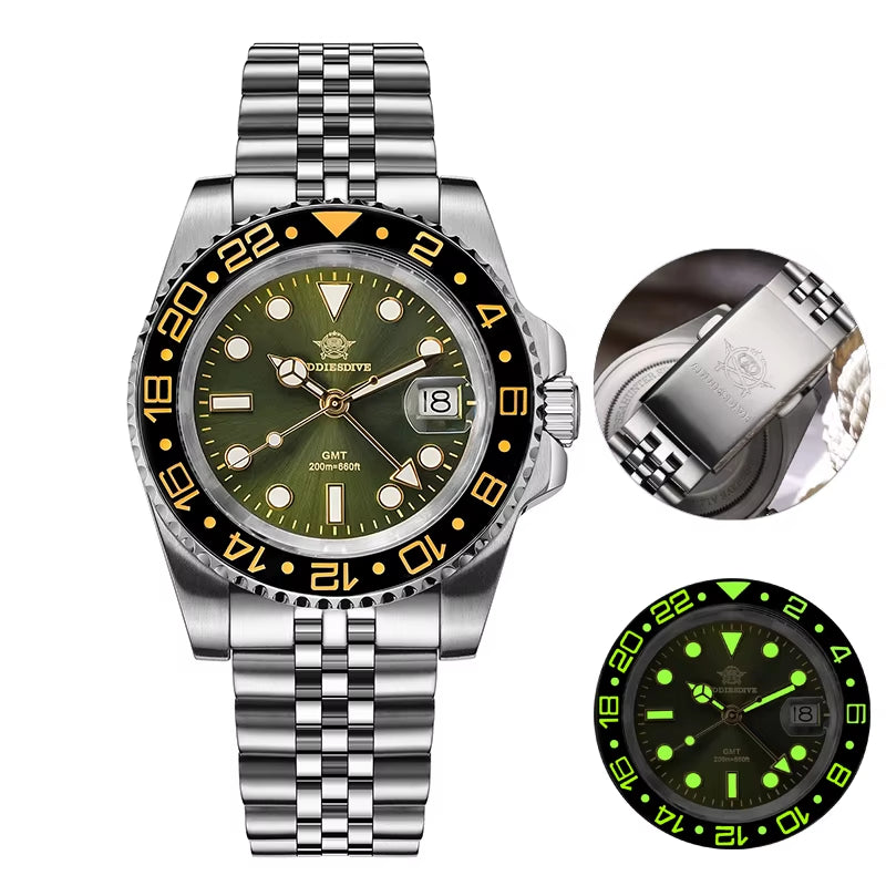 Watch Men GMT Quartz Watch 200M Waterproof Bidirectional Rotating Bezel Super Luminous Stainless Steel Wrist Watch
