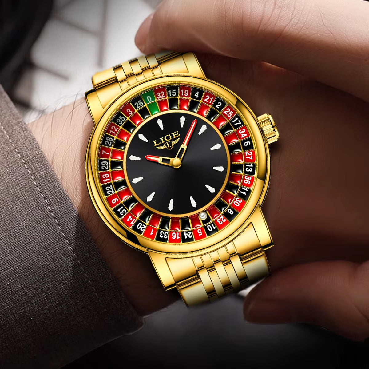 LIGE LG89161 Golden Roulette Watch Gambling Plate Rotating Dial Men'S Waterproof Shake Balls Casino Quartz Poker Wristwatch