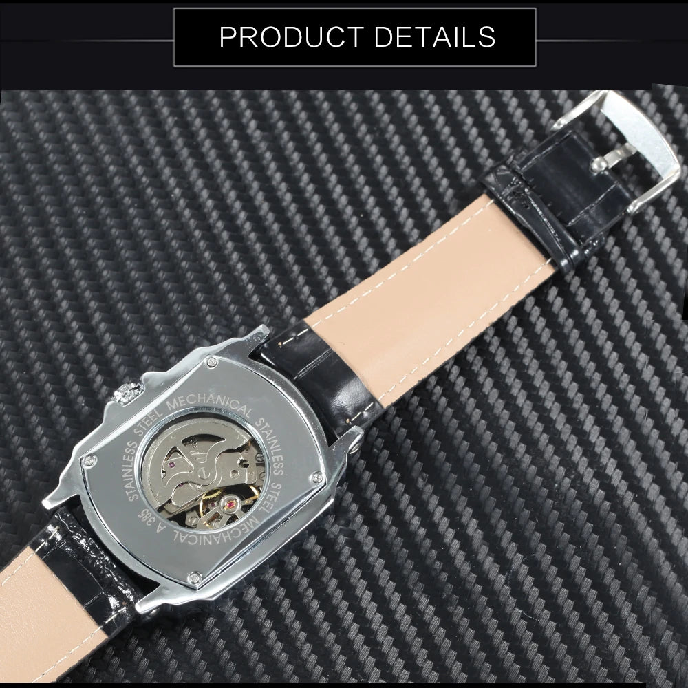 WINNER Fashion Rectangle Skeleton Automatic Watch for Men Blue Pointer Top Brand Luxury Leathe Strap Business Mechanical Watches