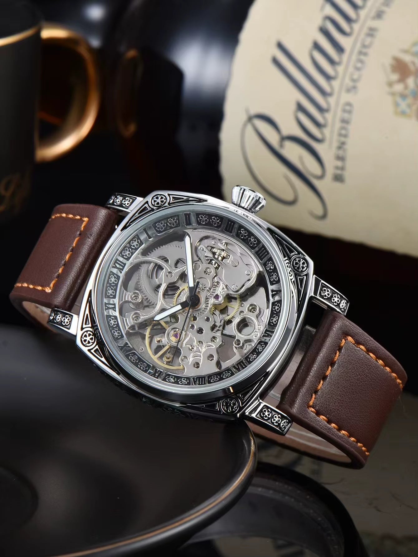 Men Automatic Watch Retro Style Mechanical Watches Skeleton Carve Waterproof Leather No Logo Mens Watch Boyfriend'S Gift