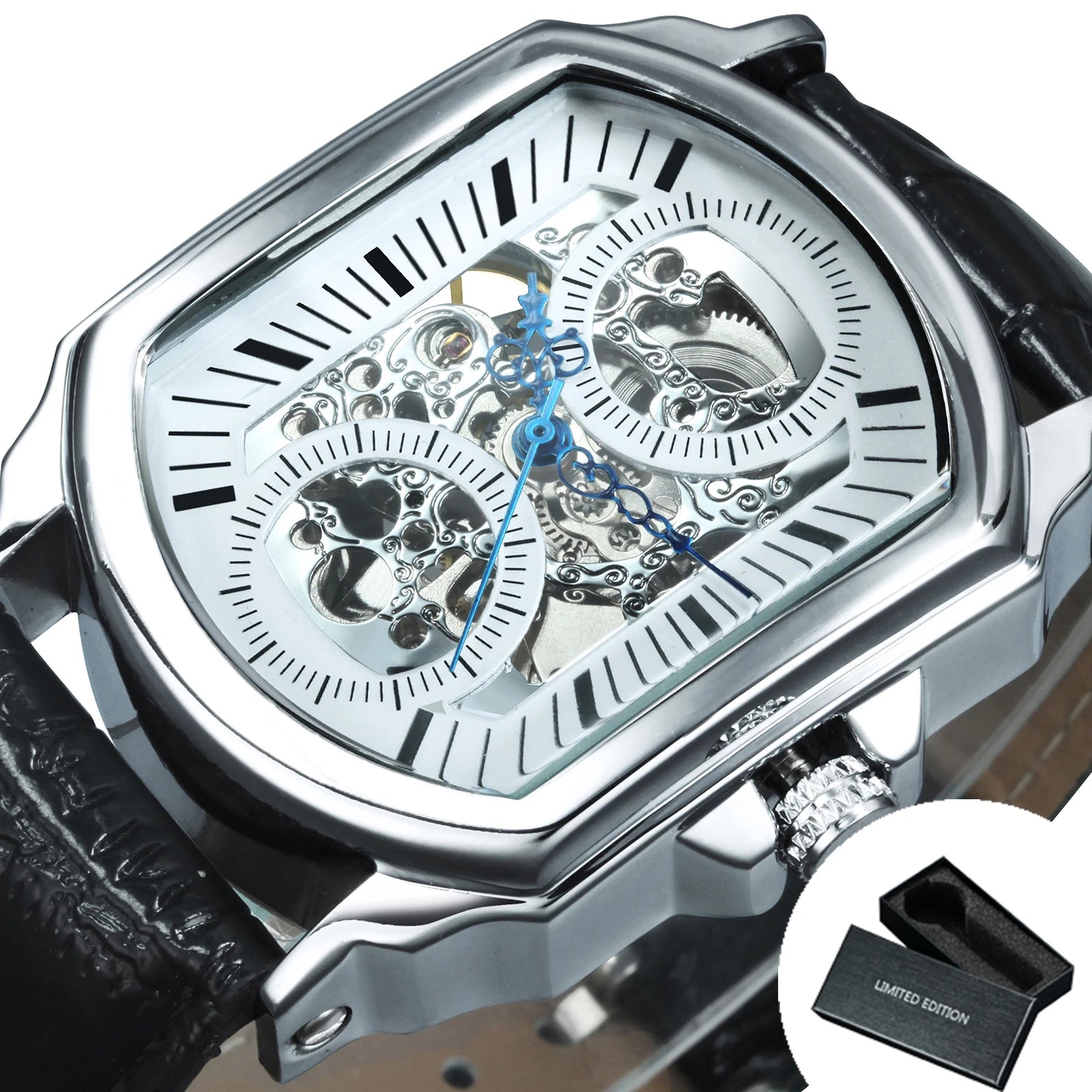 WINNER Fashion Rectangle Skeleton Automatic Watch for Men Blue Pointer Top Brand Luxury Leathe Strap Business Mechanical Watches