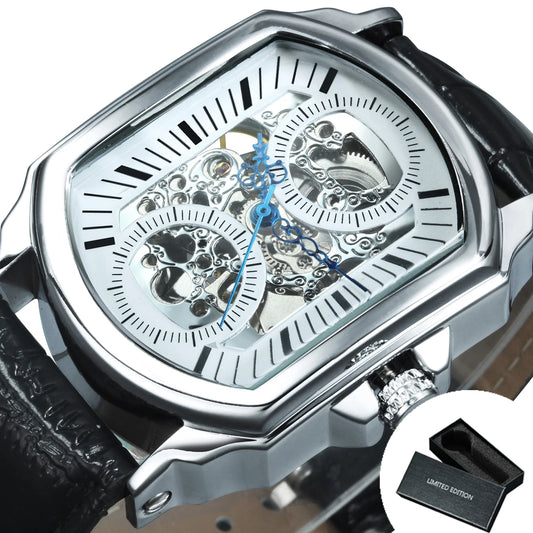 WINNER Fashion Rectangle Skeleton Automatic Watch for Men Blue Pointer Top Brand Luxury Leathe Strap Business Mechanical Watches