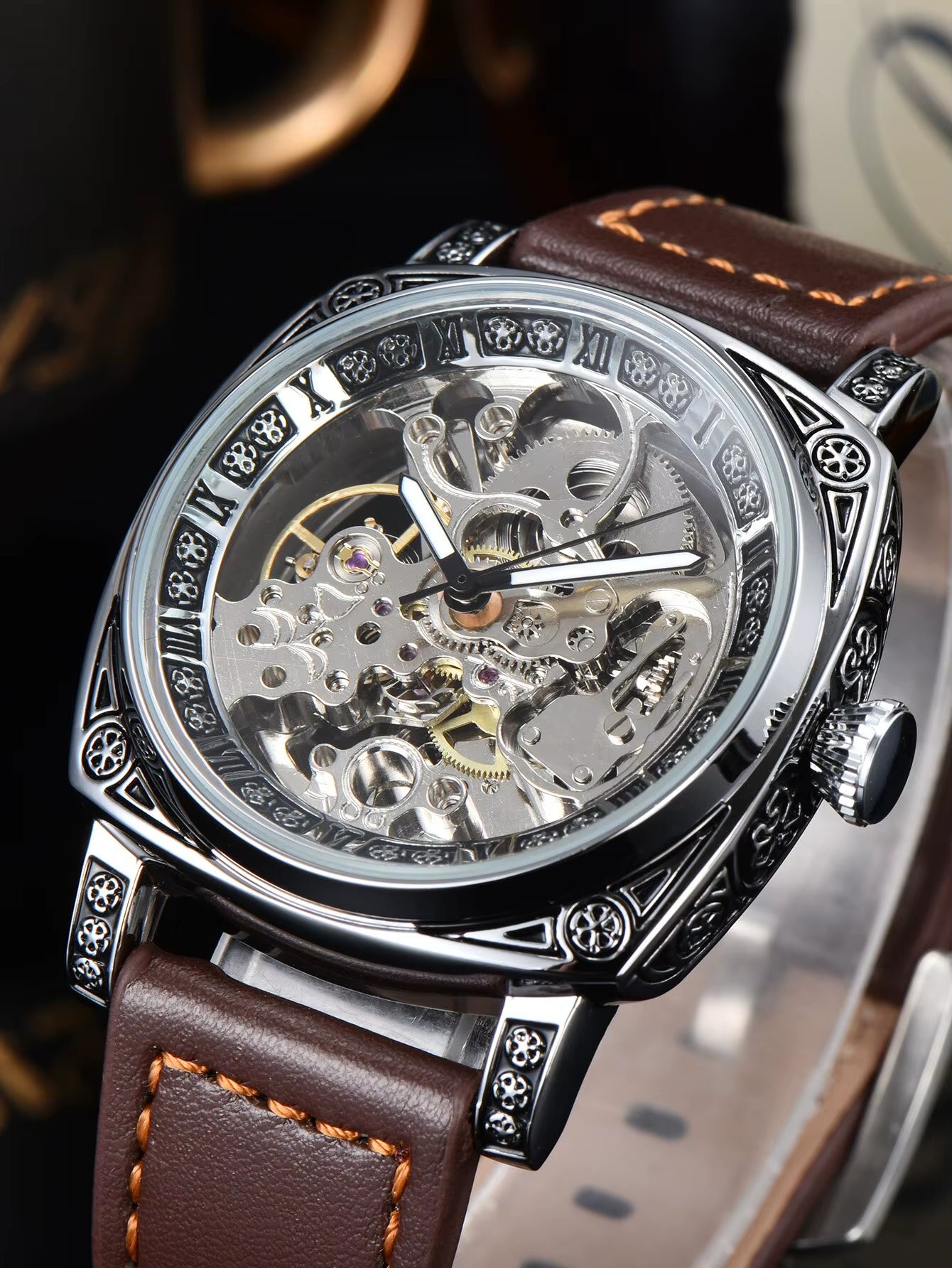 Men Automatic Watch Retro Style Mechanical Watches Skeleton Carve Waterproof Leather No Logo Mens Watch Boyfriend'S Gift