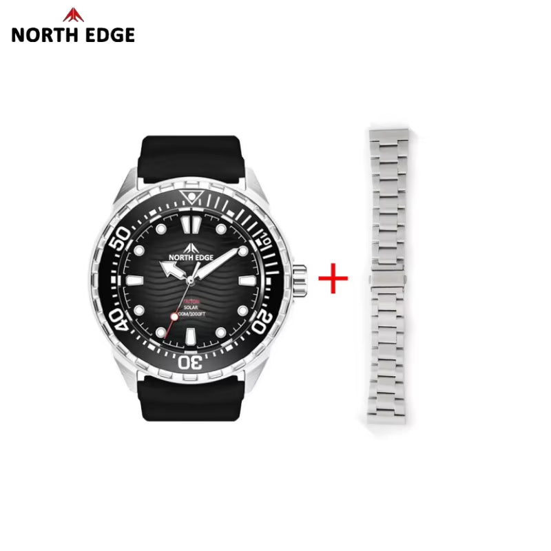 Stainless Steel Diving Watch Solar Energy Driven Quartz Watch Outdoor Waterproof Long Battery Life Rotatable Chronograph Ring