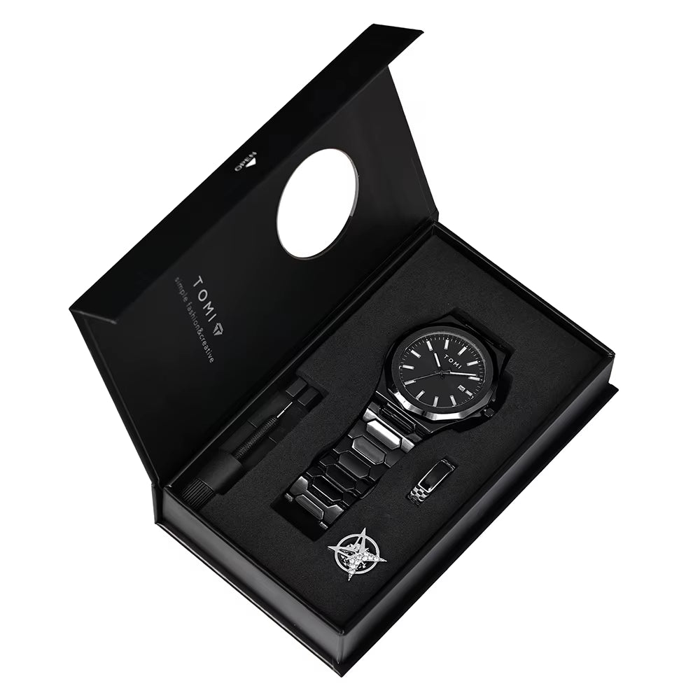 Luxury Business Men'S Watch Gift Box Set High Quality Rose Gold Case Simple and Versatile Quartz Watch Relogio Masculino