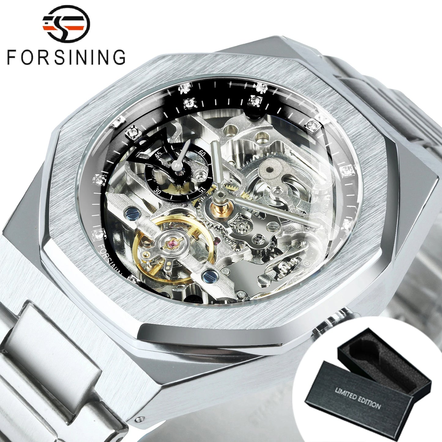 Tourbillon Skeleton Mechanical Watch for Men Luminous Hands Stainless Steel Strap Fashion Business Automatic Watches