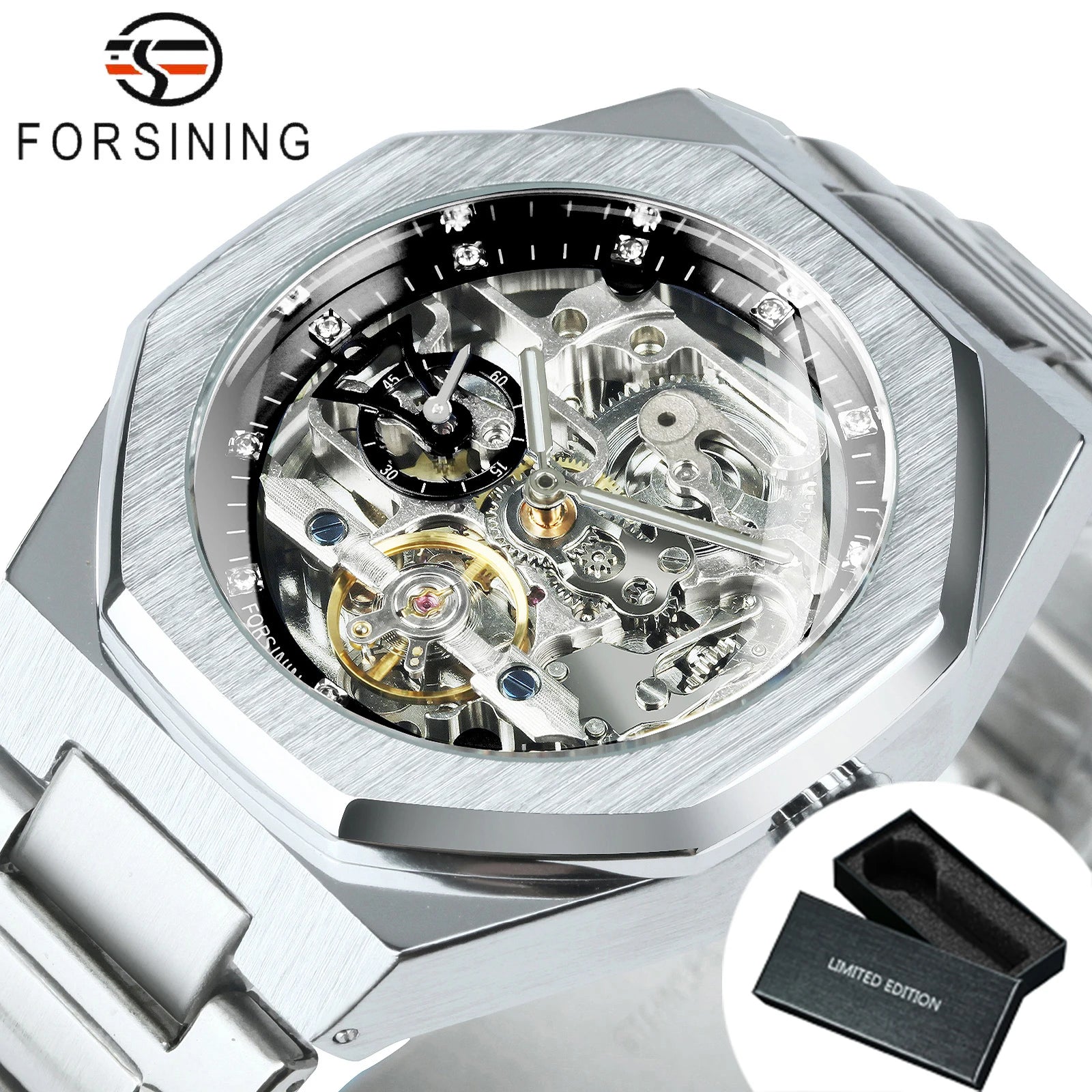 Tourbillon Skeleton Mechanical Watch for Men Luminous Hands Stainless Steel Strap Fashion Business Automatic Watches