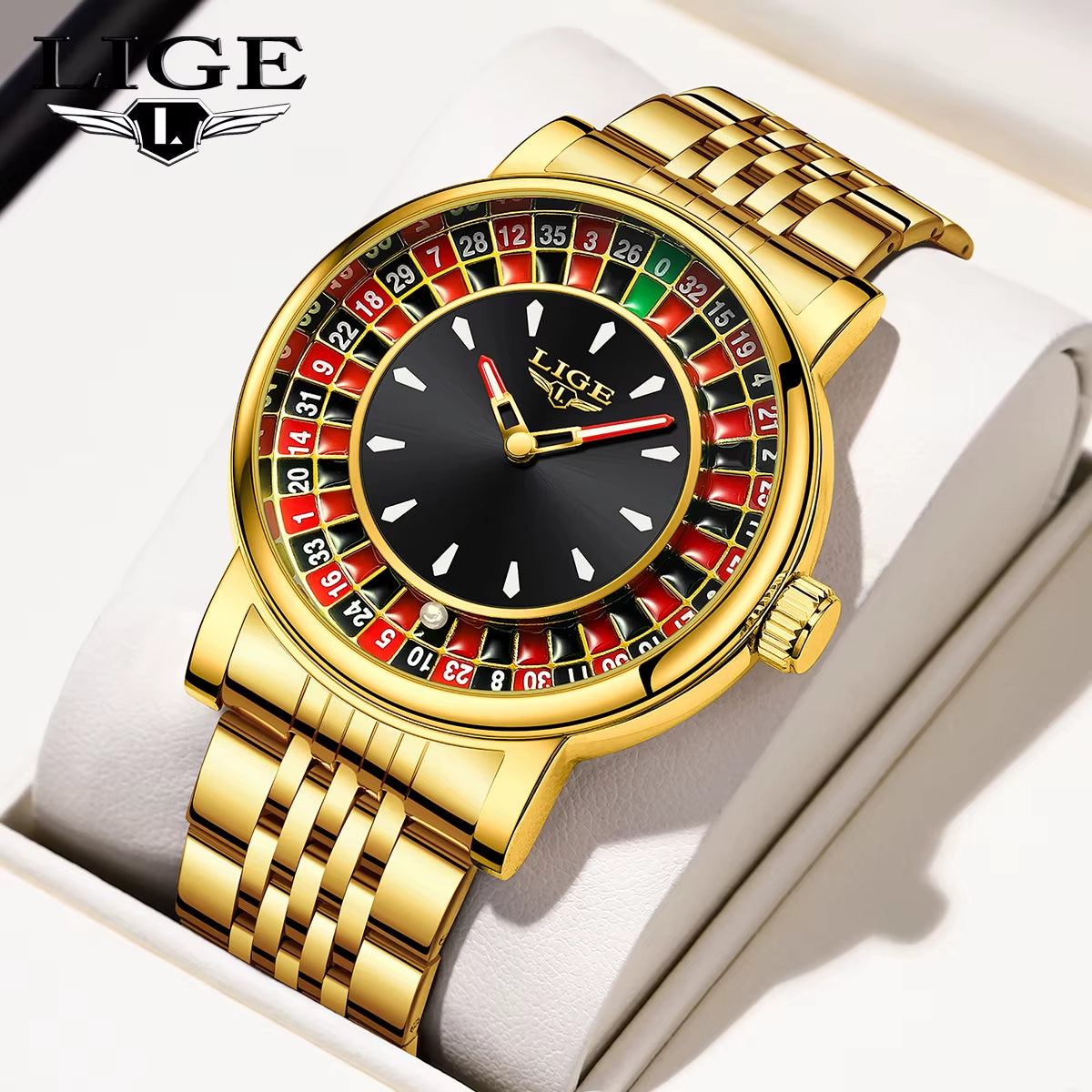 LIGE LG89161 Golden Roulette Watch Gambling Plate Rotating Dial Men'S Waterproof Shake Balls Casino Quartz Poker Wristwatch