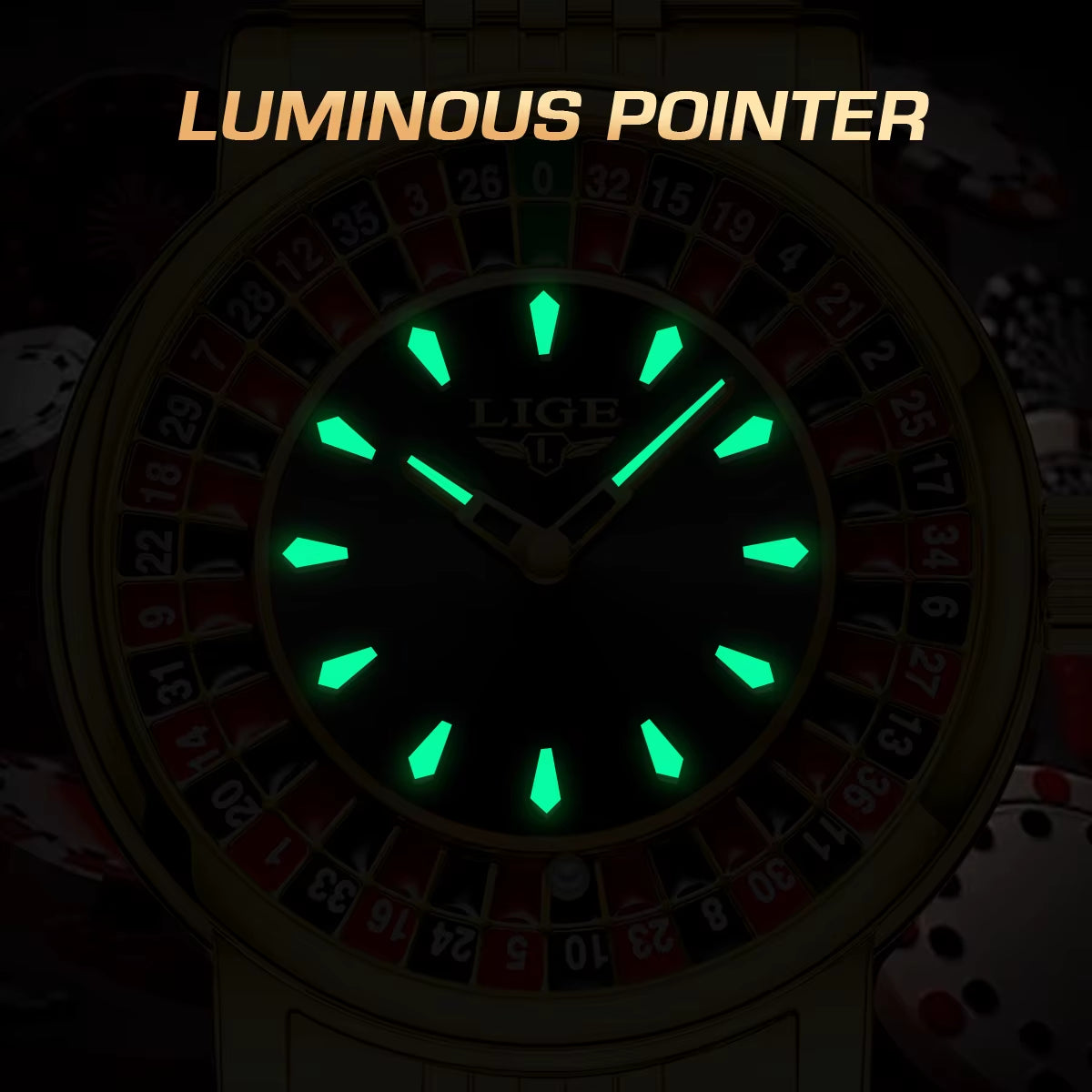 LIGE LG89161 Golden Roulette Watch Gambling Plate Rotating Dial Men'S Waterproof Shake Balls Casino Quartz Poker Wristwatch