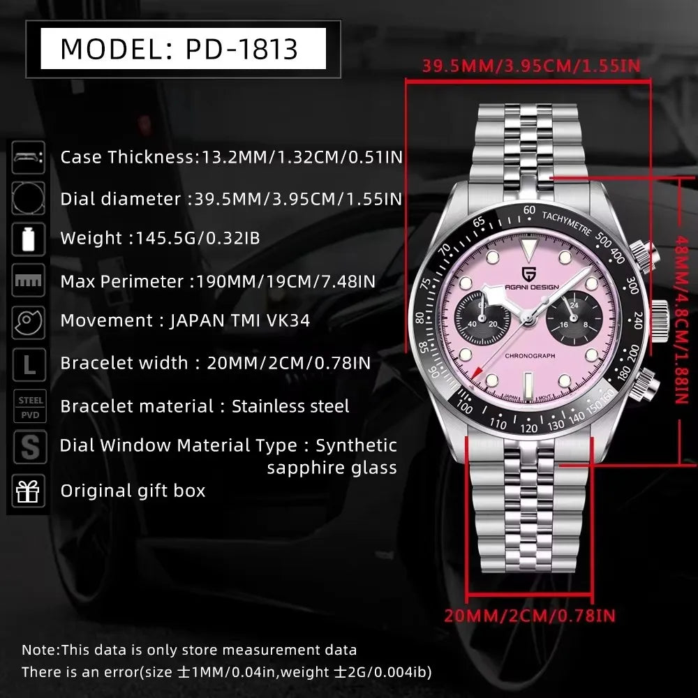 2025 New  Panda Men'S Watches Luxury Quartz Wristwatches Chronograph Man Watch AR Sapphire Mirror VK64 Clock Gifts
