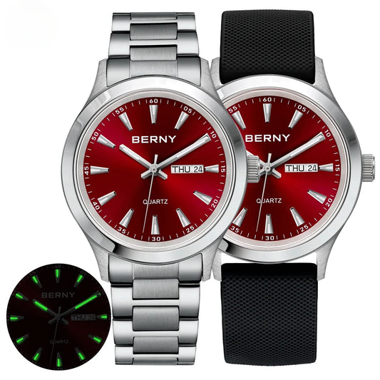 Men Watch Luminous Week Date Calendar Quartz Watches for Men Stainless Steel Soft Silicone Dress Business Wristwatch
