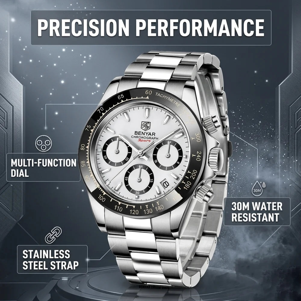 Serious Chronograph, Honest Price — BENYAR Quartz, Stainless Steel Bracelet [Colour Options]