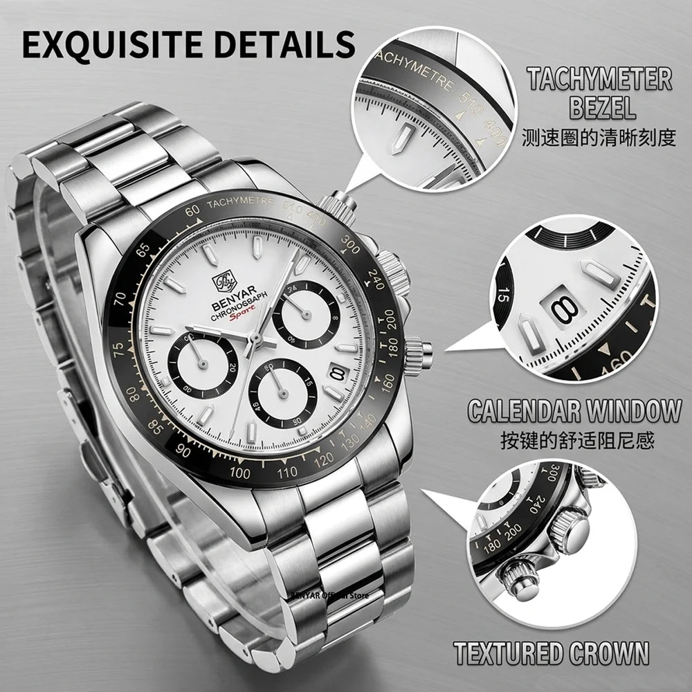 Serious Chronograph, Honest Price — BENYAR Quartz, Stainless Steel Bracelet [Colour Options]