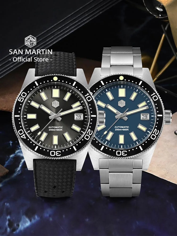 San Martin SN0007 — 62MAS-Style Automatic Diver, Sunburst Dial, 200M Water Resistant [Multiple Dial & Strap Options]