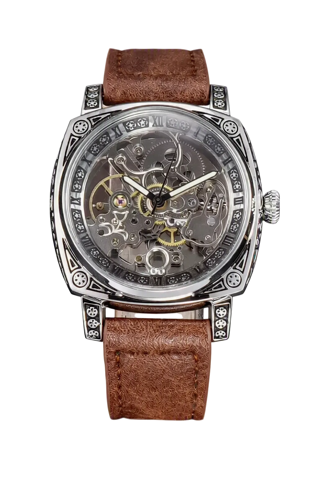 LONGLUX engraved skeleton automatic watch, exhibition case back, leather strap