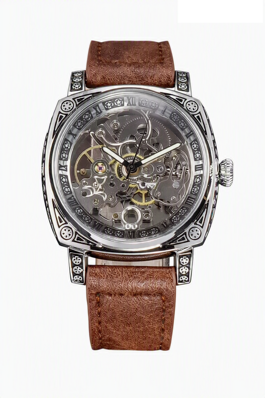 Skeleton Engraved Watch — Automatic Movement, Exhibition Case Back, Leather Strap  [Colour & Case Options]