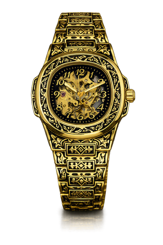 Stand Out in Style — Tribal Engraved Skeleton Automatic Watch Black Dial