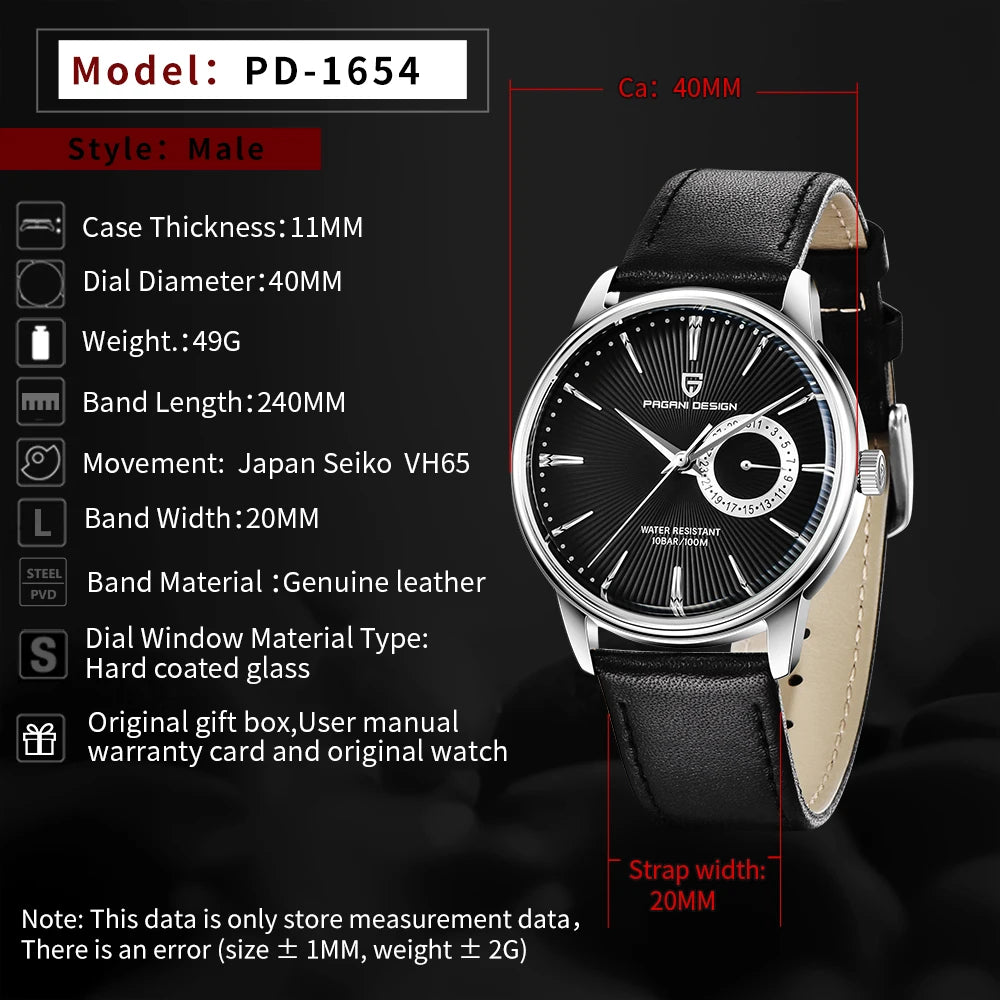 PAGANI DESIGN PD-1654 Field Watch — Small Seconds Dial, Sapphire Crystal, Genuine Leather
