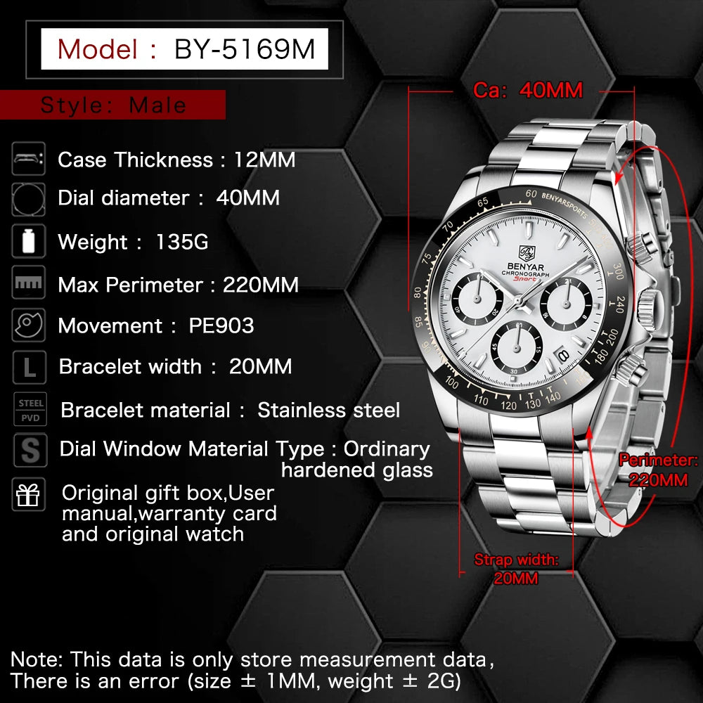 Serious Chronograph, Honest Price — BENYAR Quartz, Stainless Steel Bracelet [Colour Options]