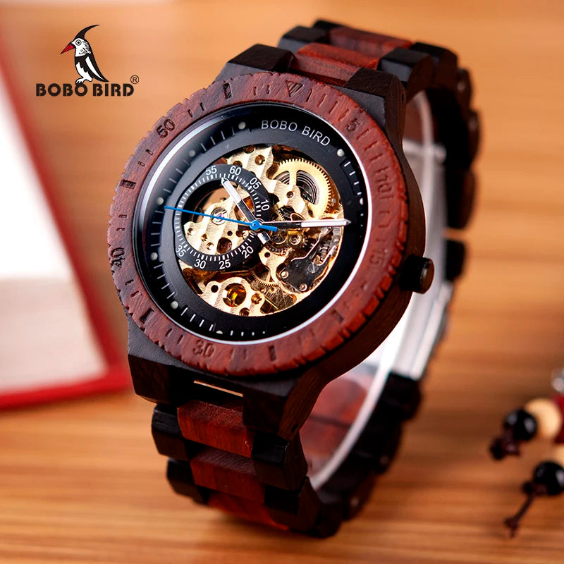BOBO BIRD Wooden Skeleton Watch – Automatic Mechanical Men's Watch, Genuine Wood Case & Strap, Gift Box Included – The Natural Choice