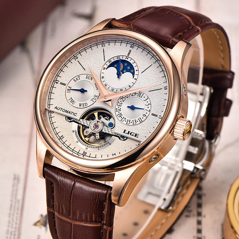 Distinguished LIGE — Automatic Moon Phase Watch, Open Heart Dial, Exhibition Case Back [Dial Colour & Strap Options]