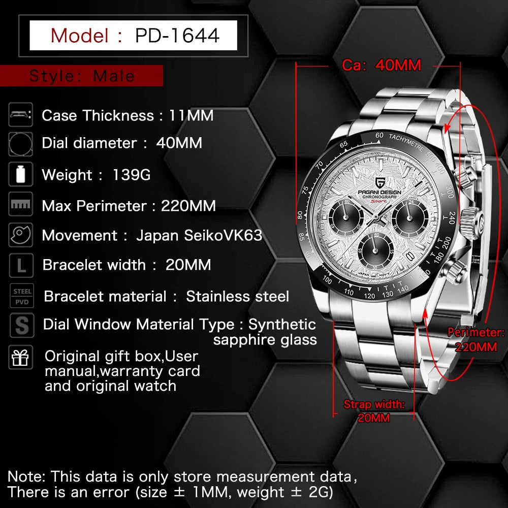 Pagani Design PD-1644 — Racing Chronograph Watch, Ceramic Bezel, 100M Water Resistant [Strap & Colour Options]