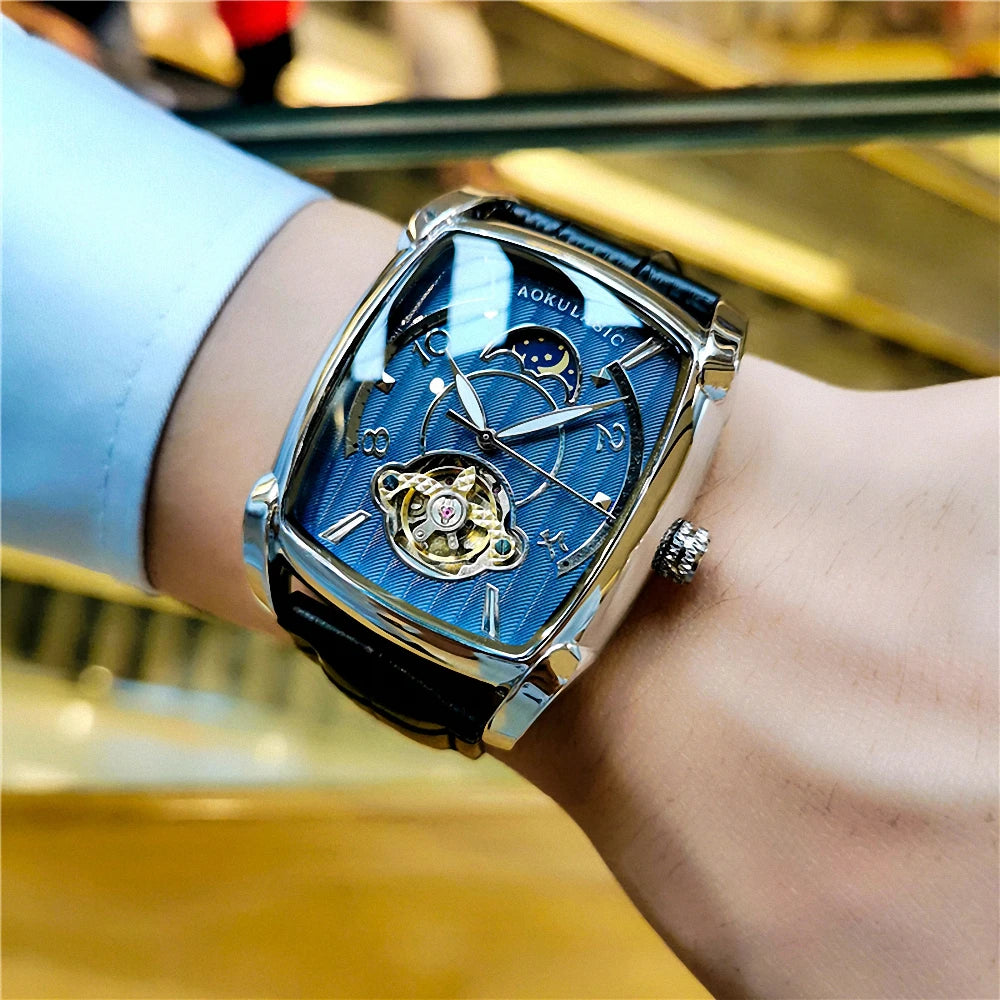 Mens Tonneau Automatic Fashion Watch – Rectangular Case, Open Heart Moonphase-Style Dial, Leather Strap – Break the Mould
