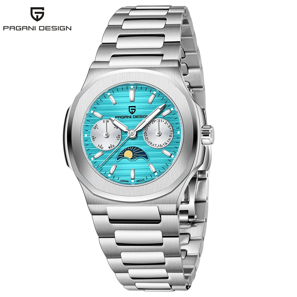 Stand Out Pagani Design PD-1786 — Women's Quartz Watch, Moon Phase & Day-Date, Ceramic Bezel [Multiple Colour Options]