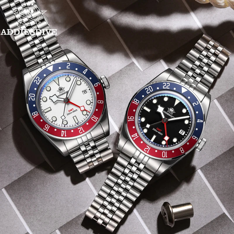 Real GMT, Real Depth — Stunning Looking ADDIESDIVE 200m Diver Watch, Screw-Down Crown [Strap and Dial Options]