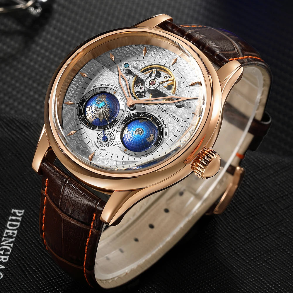 SEAKOSS Pilot Watch — Double Earth Rotating Automatic, Effortlessly Eye-Catching with Leather Strap [Colour Options]